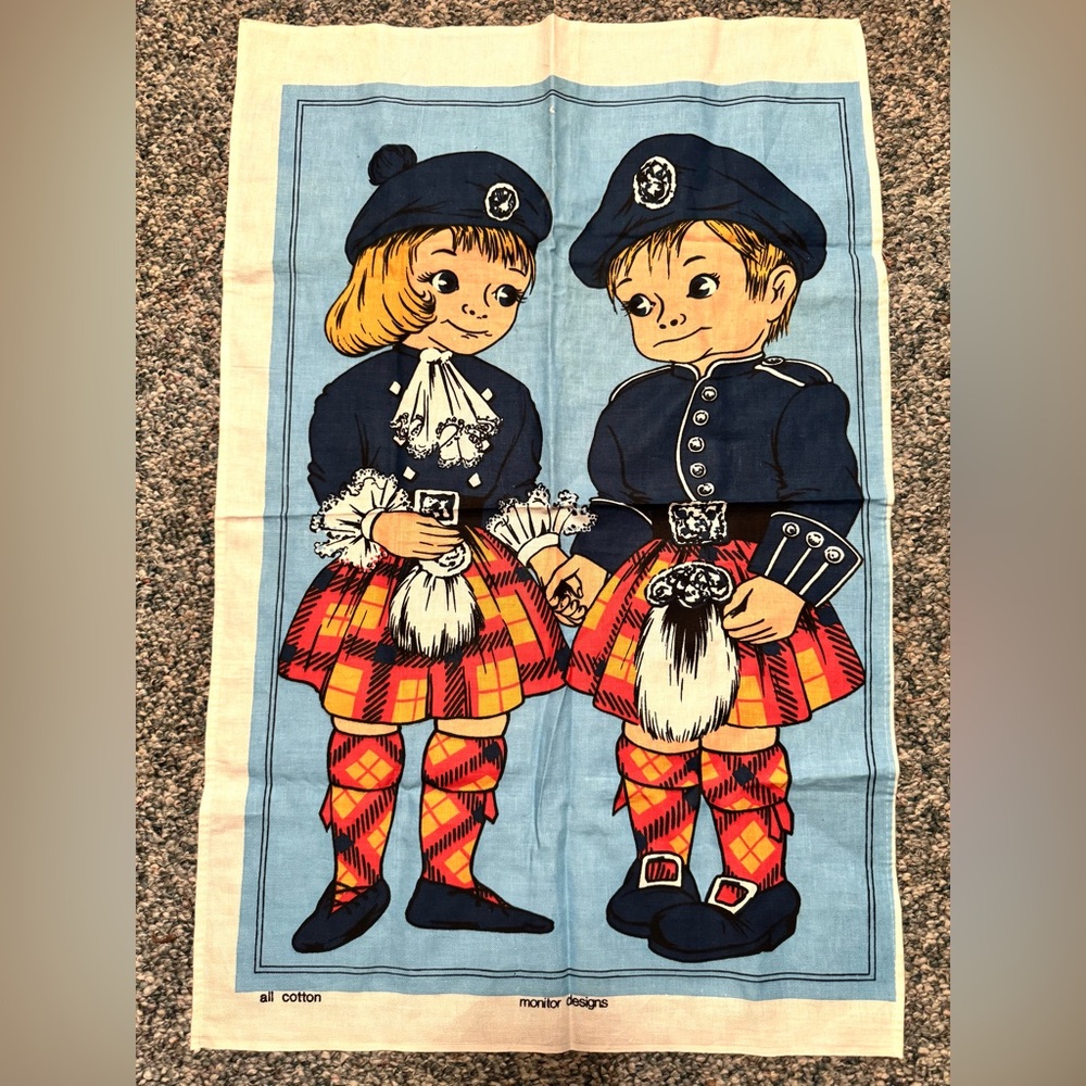 50s/60s Vintage Scottish Themed Kitchen Towel with Blue and Red Accents